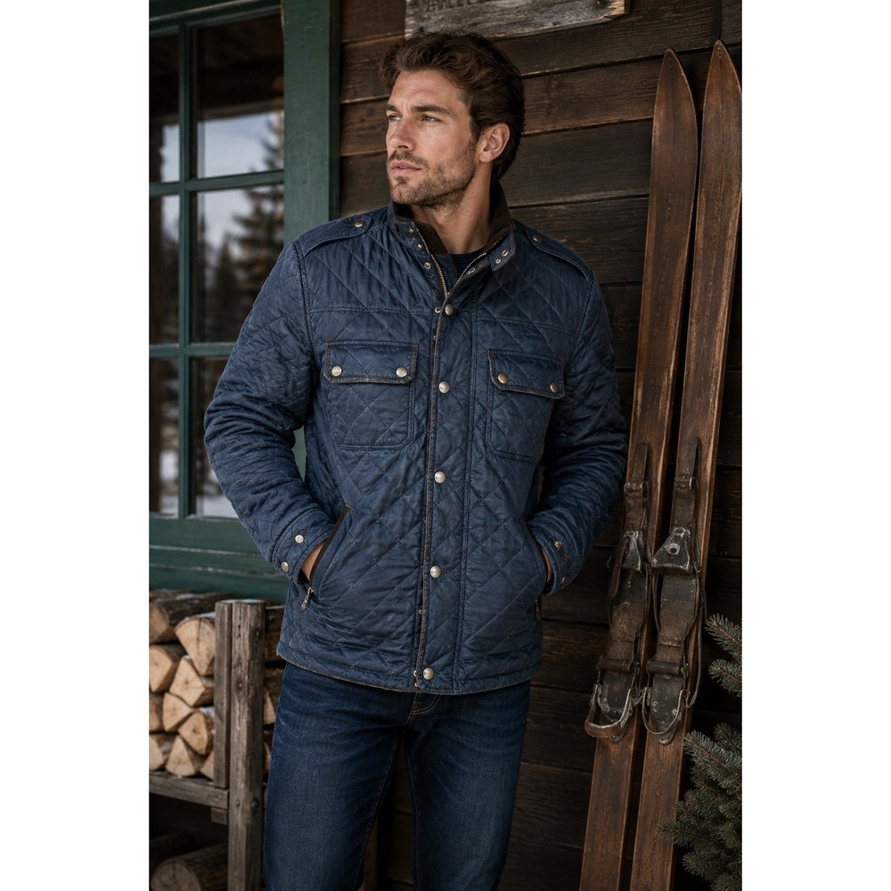 Cole Haan Quilted Field Jacket Mens Medium Navy Blue Faux Leather Trim Trim